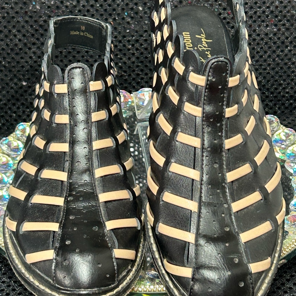Farylrobin Free People Black and Nude Woven Leather Caged Sandals